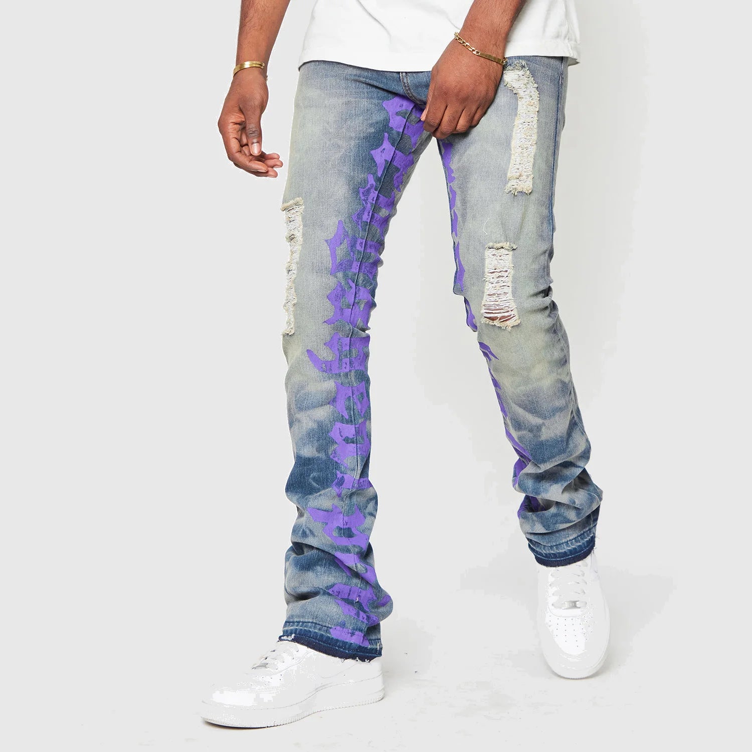 AeeDenim Custom Designers Jeans Men's Stacked Extendo Flared Screen Print LETTERS Slim Tapered Denim Jeans