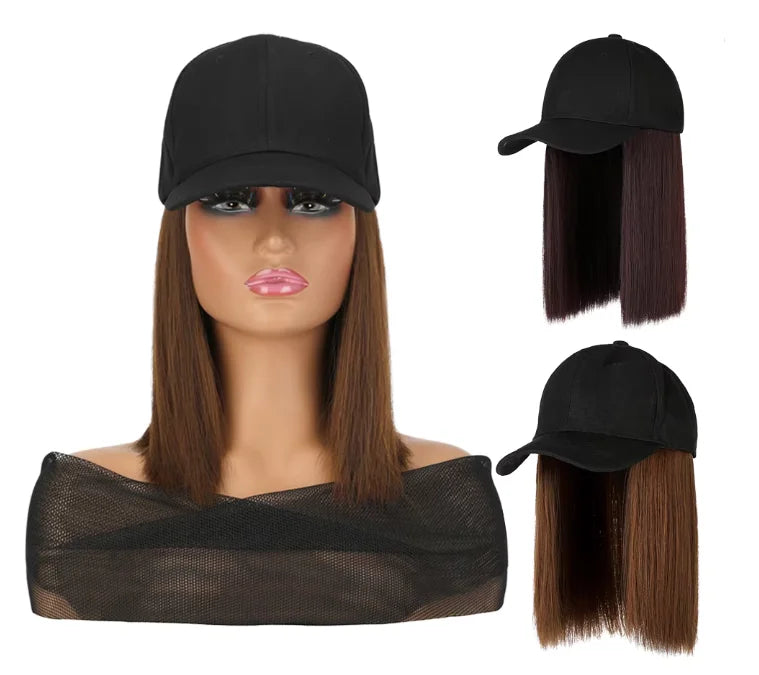 Hat Wigs Short Straight Bob Hair Wig With Baseball Hat for Women Girls Synthetic Heat Resistant Hair Wigs With Adjustable Hat