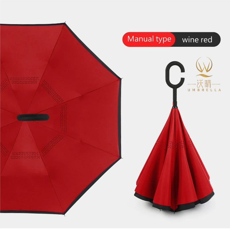 27-Inch Large Double-Layer Outdoor Waterproof Windproof Manual Reverse Umbrella 8-Bone Inverted Classic Reversible for Upside