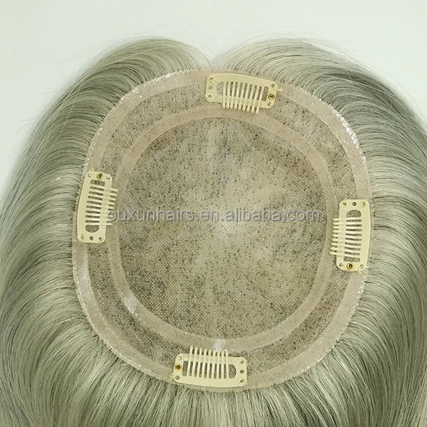 Human Mono Hair Topper for Women 1B90 Grey & Russian Virgin Remy Hand-Tied Smooth Silky StraightMono Toupee for White Women