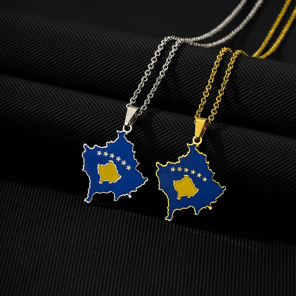 Manufacturer Enamel Kosovo Flag Charm Necklace Stainless Steel 18K Gold Plated Enameled Kosovo City Map Pendant Chain Necklace