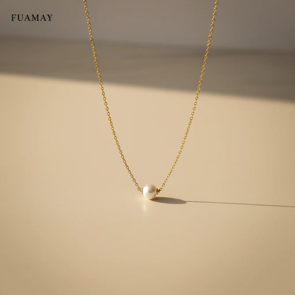 FUAMAY S925 Silver Single Round White 6mm Shell Pearl Necklace Cultured Pearls Pendant Necklaces