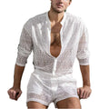 Fengway Custom Summer Fashion Men's Casual Print Two-Piece Set Knitted Hollow Out Long Sleeve Shirts and Shorts