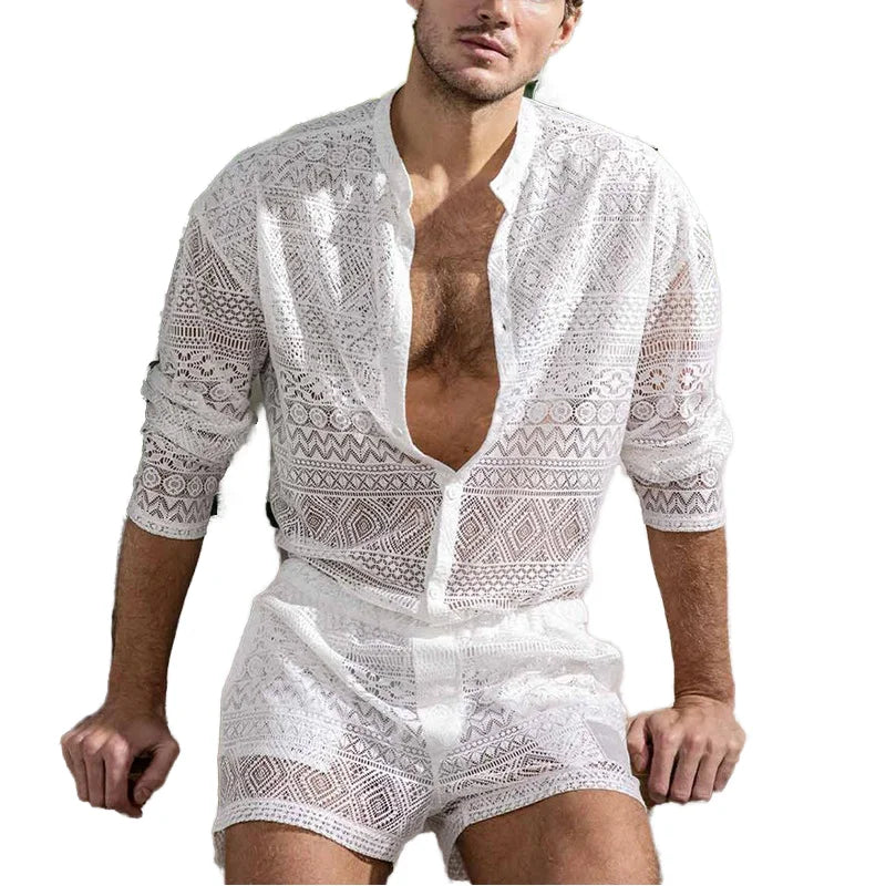 Fengway Custom Summer Fashion Men's Casual Print Two-Piece Set Knitted Hollow Out Long Sleeve Shirts and Shorts