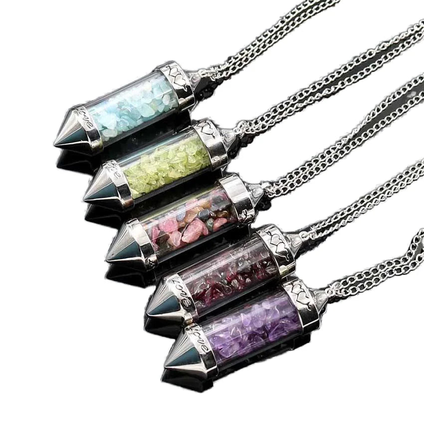 Natural Crystal Gravel Bullet Pendant Necklace Link Wishing Bottle Spirit Pendulum for Wedding Trendy Outfit Ladies Jewelry