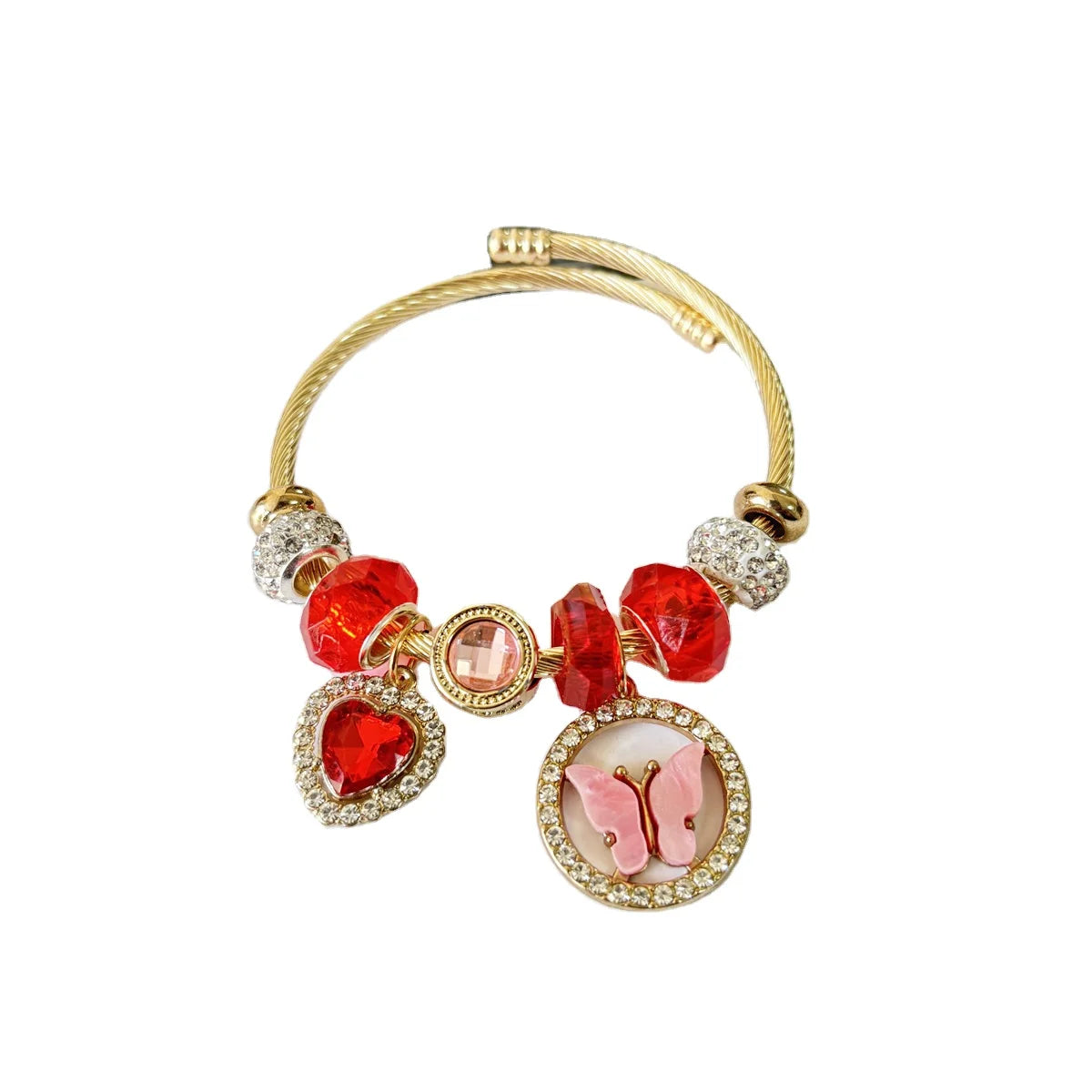 2025 Heart Charms Shinny Diamond Stones butterfly Blue Green Red Colors  18K Gold Stainless Steel Women Charms Bracelets