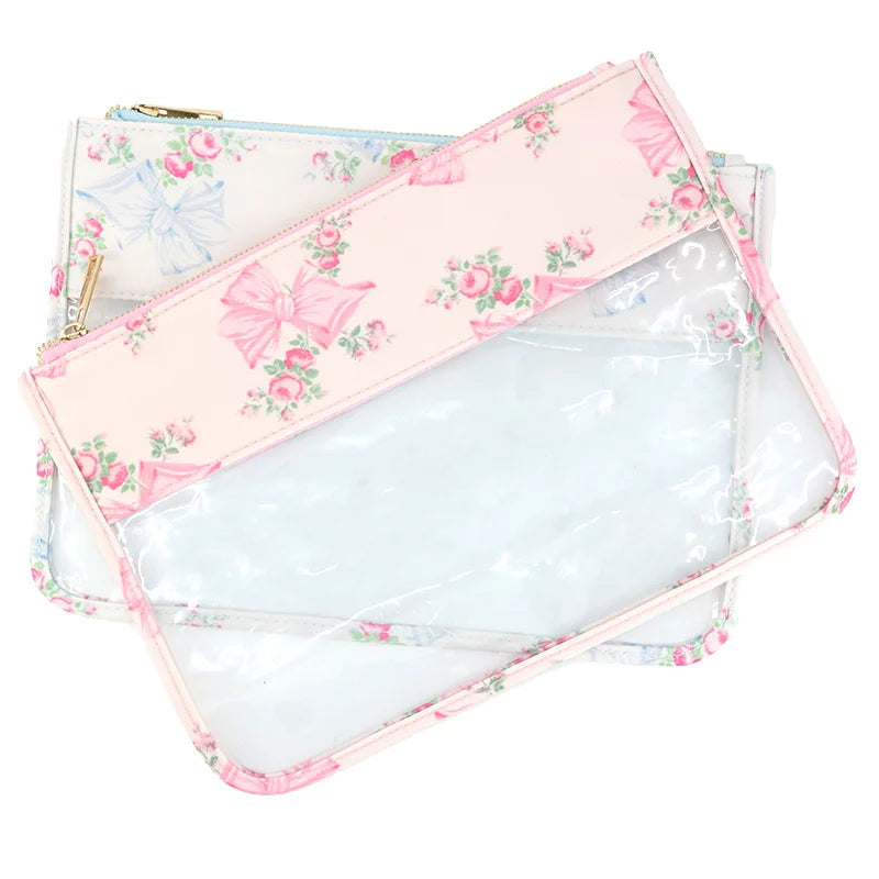 Trendy Pink Bow Blue Floral Personalized Cosmetic Bag Multipurpose Pouches Transparent Flower Women pvc toiletry bag