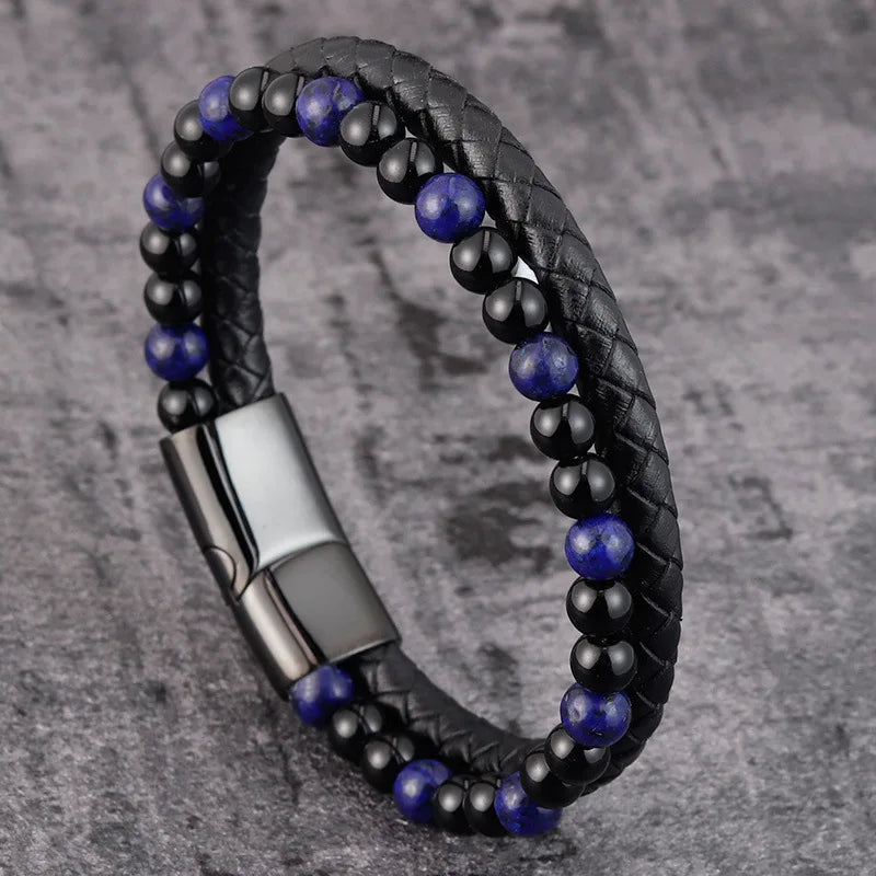 Leather Natural Lapis Lazuli Stone Two Layer Bracelet Magnetic Knot Bracelet ST229