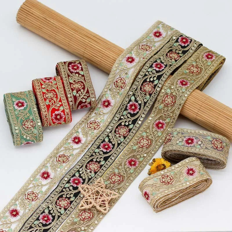 4cm Wide Diy Garment Accessories Ethnic Lace Trim Embroidery Fabric Sewing Textile Webbing Sequined Flower Lace Ribbon for Dress
