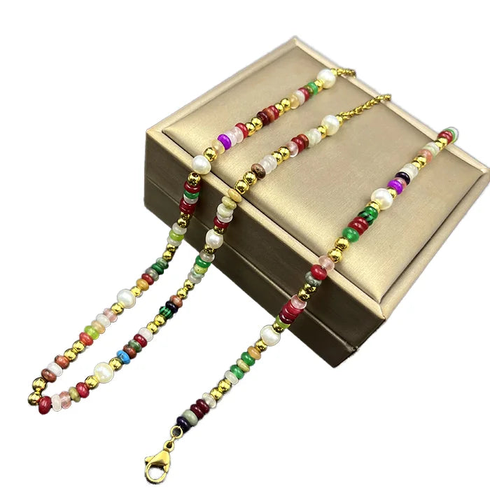 Women's Bohemian Style Fashion Jewelry Set Stainless Steel Colorful Necklace and Bracelets Made from Natural Stone