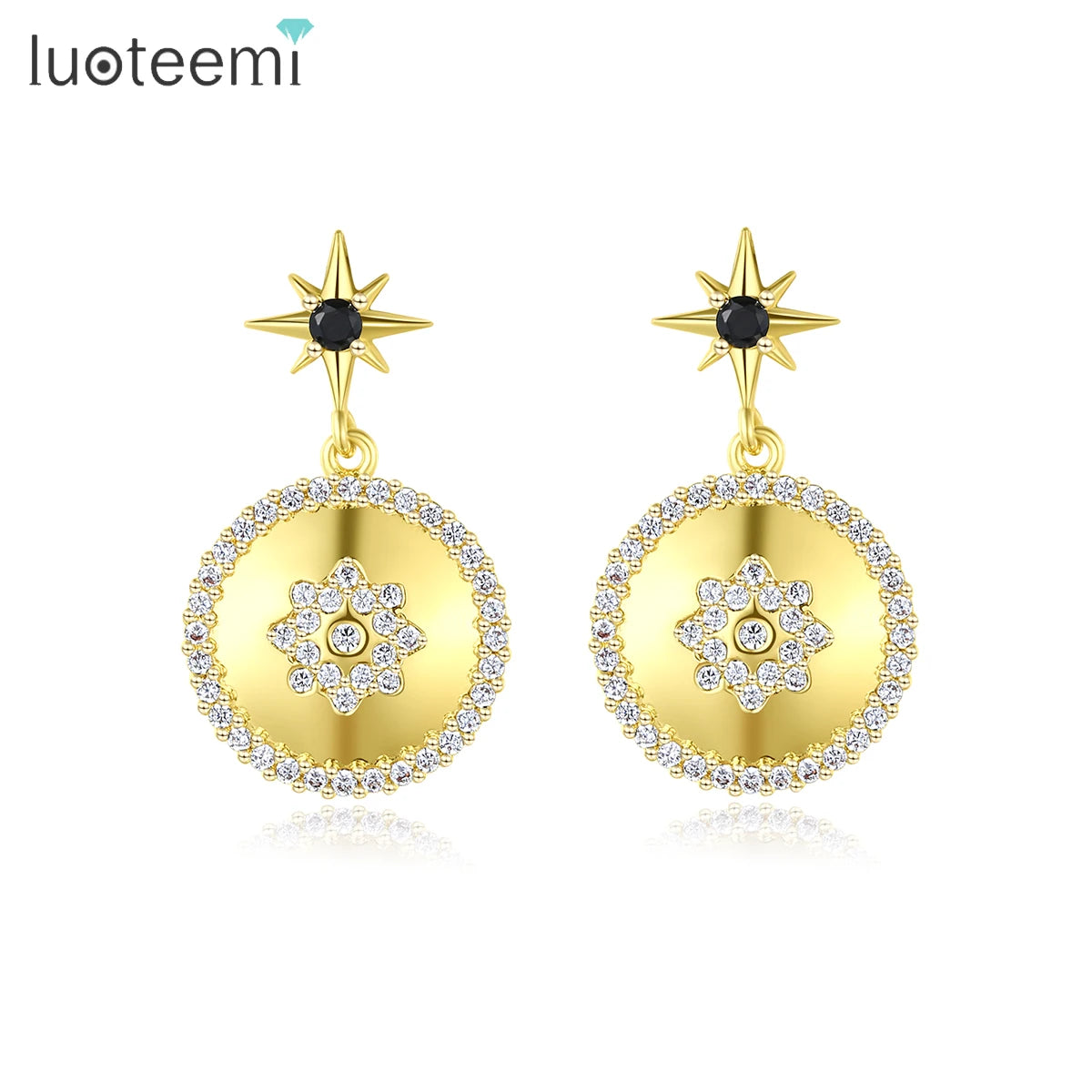 LUOTEEMI Statement 14K Gold Plated Earrings Women Six Pointed Star Stud Micro Insert Cubic Zirconia CZ Geometric Round Earrings