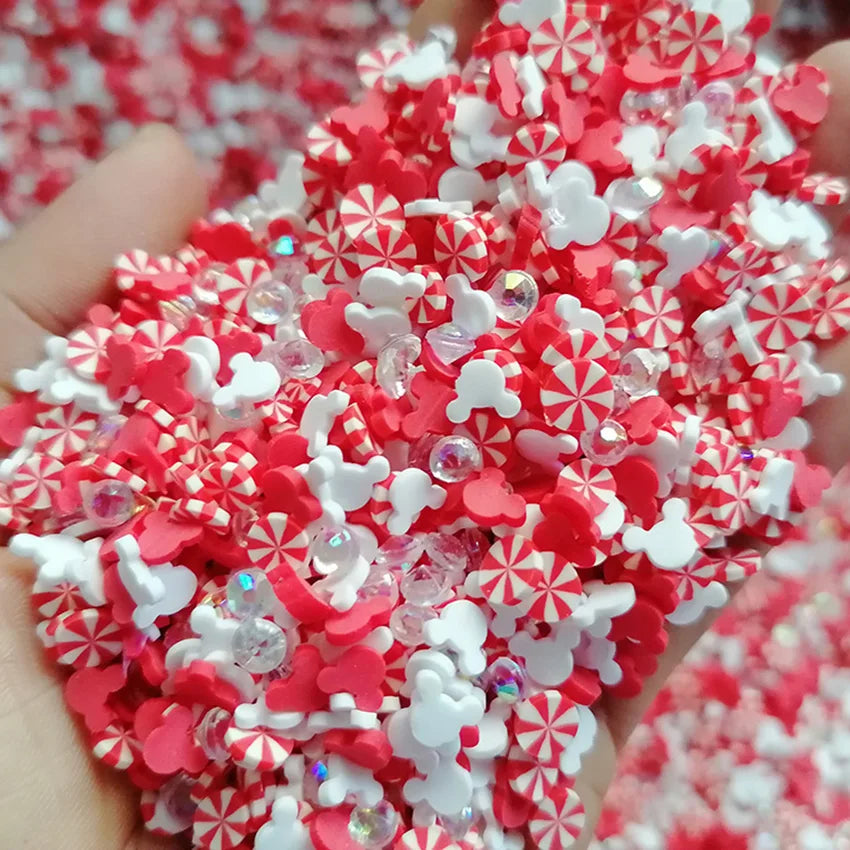 1000g DIY Craft Slime Sprinkles Christmas Red White Mouse Head Peppermint Acrylic Rhinestone Mix Polymer Clay Sprinkles Slices