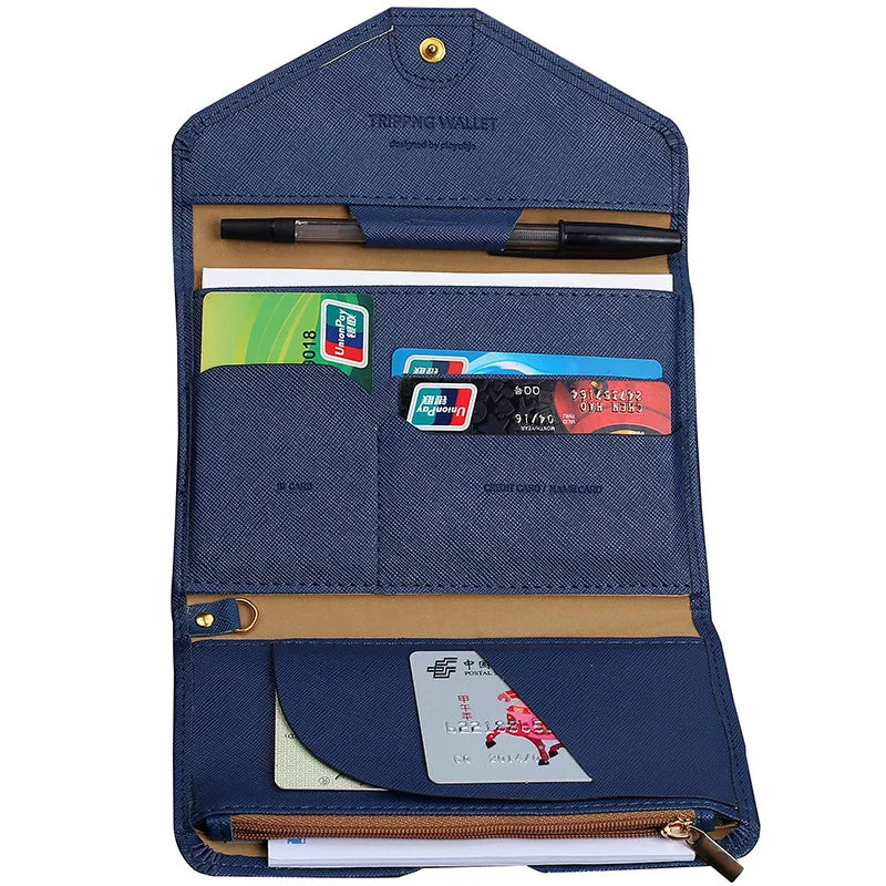Tri-fold Multi-Function Faux Leather Passport Wallet Button Pocket Colorful Document Organizer Business Card Credit Card 7 Inch