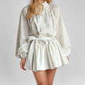 Enyami Spring Fall Romantic Elegant Puff Long Sleeve Floral Solid White Buttons Lace-up Waist A-line Vacation Casual Women Dress