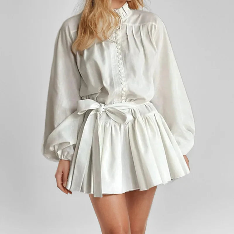 Enyami Spring Fall Romantic Elegant Puff Long Sleeve Floral Solid White Buttons Lace-up Waist A-line Vacation Casual Women Dress