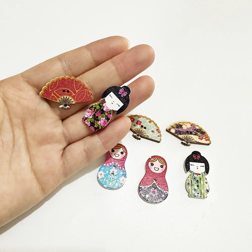 Yiwu Wintop Retro Japanese Style Kimono Woman Fan Matryoshka Doll Design Flatback Two Hole Wooden Kids Novelty Buttons