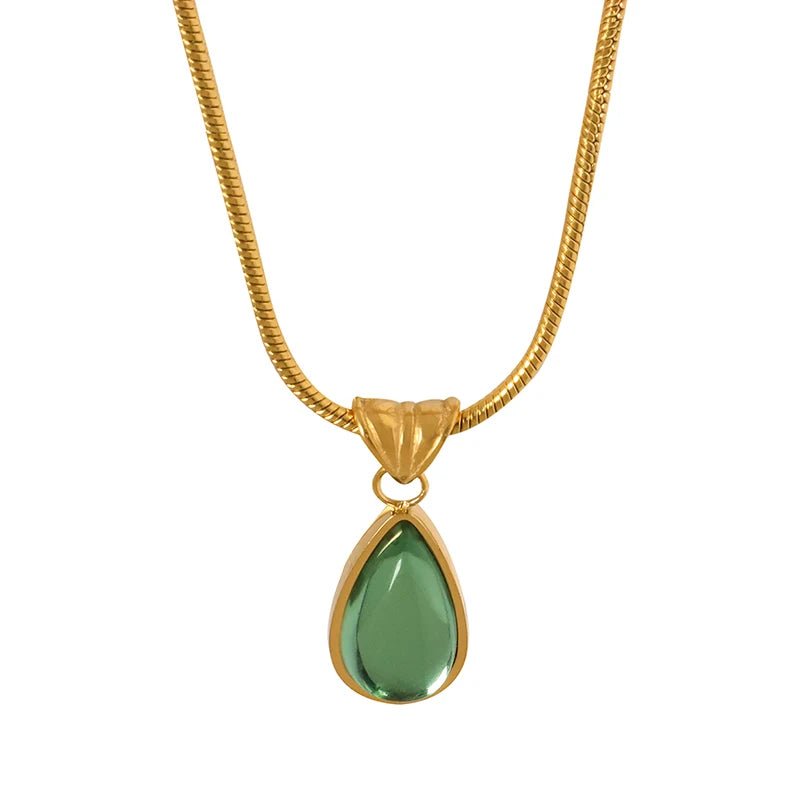 Tarnish Free Jewelry Droplet Shape Green Blue Glass Stone Pendant Design Stainless Steel Necklace
