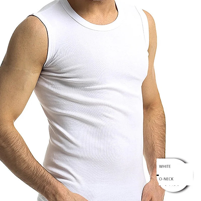 Men's 100% Cotton Breathable Knitted Ribbed Tank Top White Sleeveless Stretched Slim Sports Vest