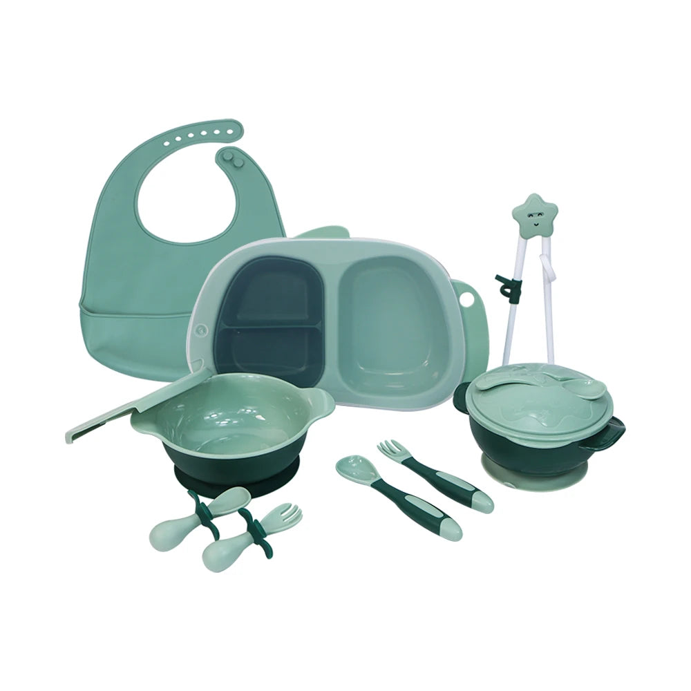 Hot Plastic Children Kids Baby Training Chopsticks Plate Suction Snack Bowl Spoons and Forks Silicone Bibs Feeding Set for Baby