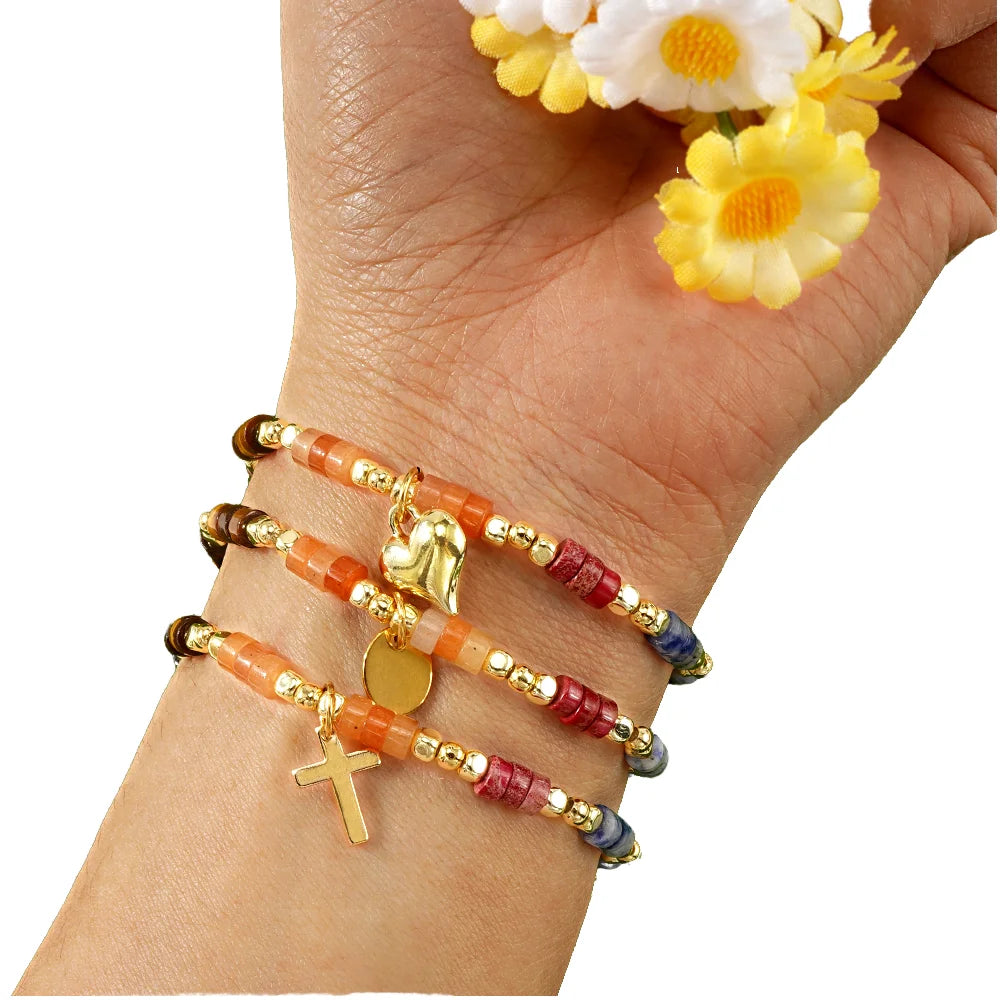 Go2boho Handmade Colorful Stone Beaded Bracelet Set for Women Cross Heart Charms Adjustable Gold Plated Fashion Jewelry Gift