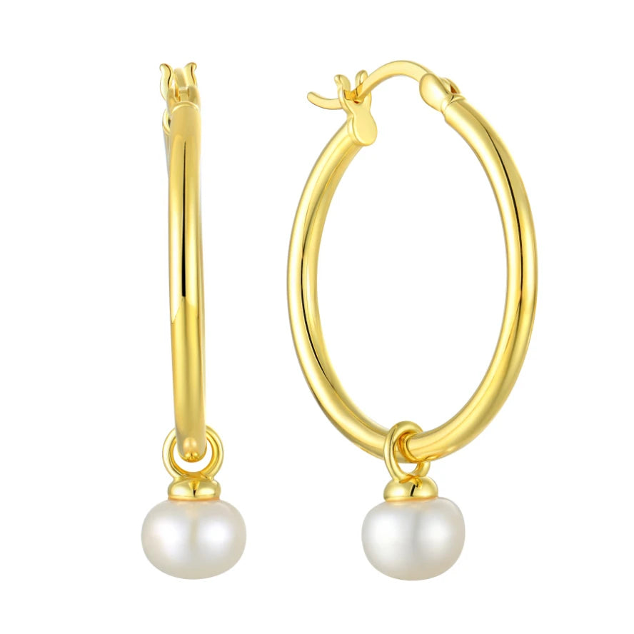 18K Gold Plated 925 Sterling Silver Hoop Earrings With Freshwater Pearls Pendant