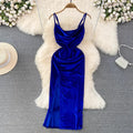 Liu Ming 2025 Women's Mid-Length Dress 2025 New Spring Velvet Side Split Eco-Friendly Midi Length Dress with Solid Pattern