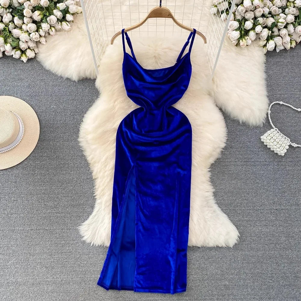 Liu Ming 2025 Women's Mid-Length Dress 2025 New Spring Velvet Side Split Eco-Friendly Midi Length Dress with Solid Pattern