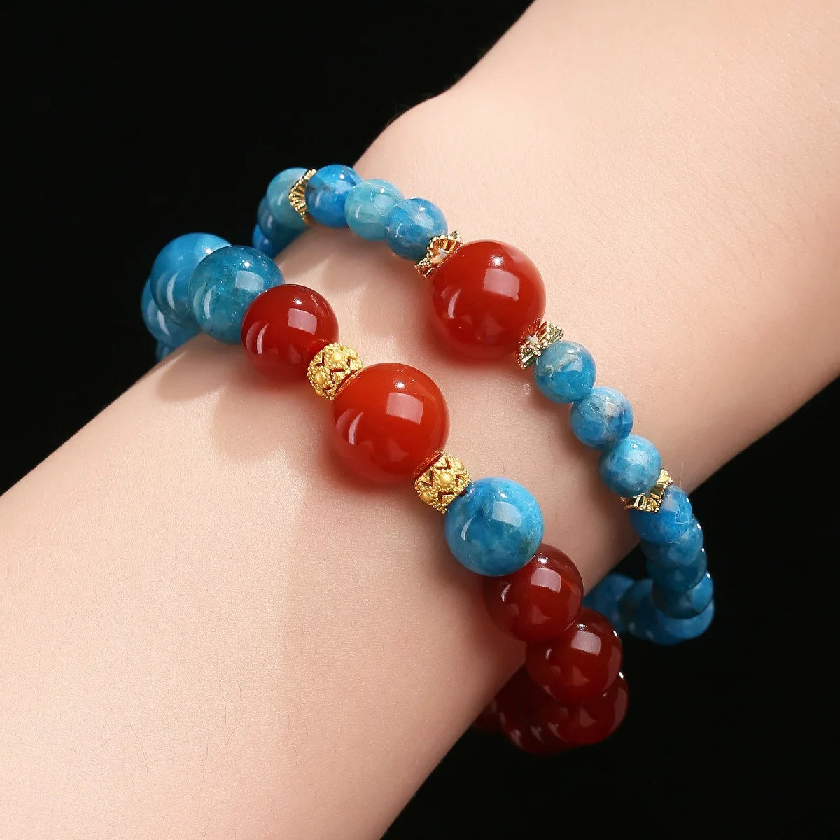 Natural Blue Apatite Stone Bracelet 6mm Blue Gemstone 12mm Red Agate Beaded Stretch Bracelet Healing Bracelet Gift for Her