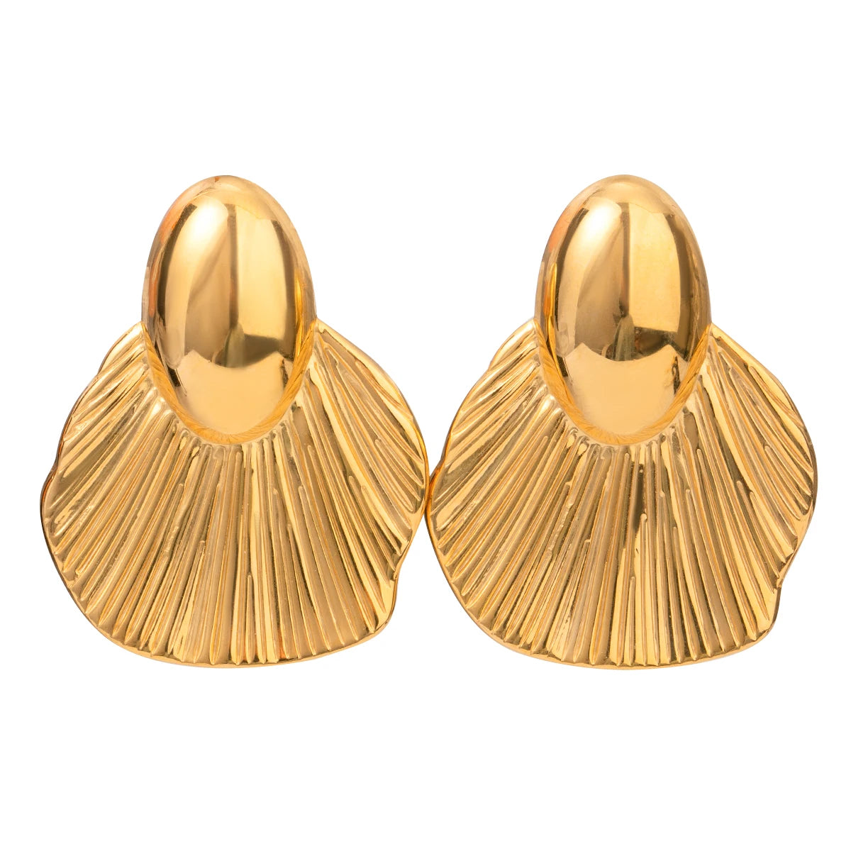 J&D 18k Gold Stainless Steel Fish Tail Ribbed Shiny Earrings Nautical Chic Texture Chunky Earrings