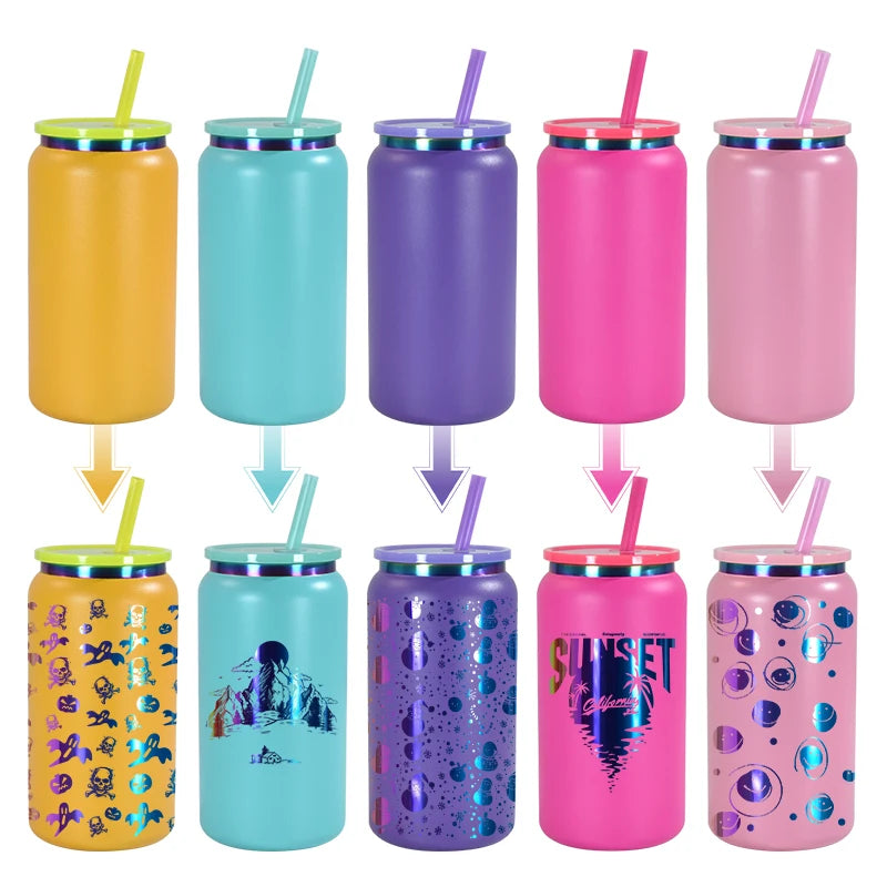 Rainbow Plated 16oz Metal Stainless Steel Glass Can Cups with Lids and Straws for Laser Engrave for Iced Coffee Pop Cold Drink