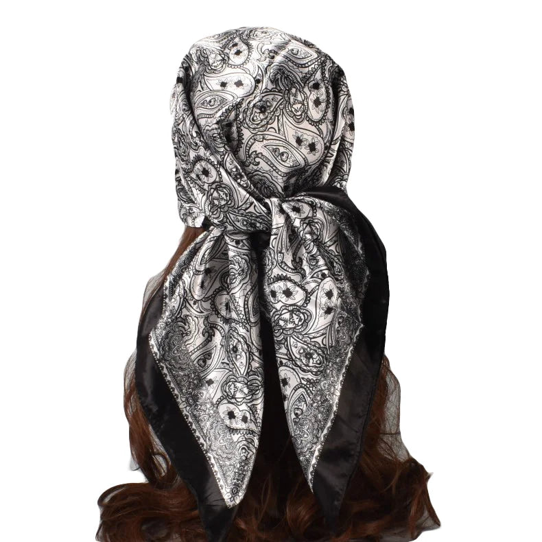 Women's Custom Digital Design Glossy Polyester Satin Scarf Bandannas Perris Pattern Printed Accessory Scarf