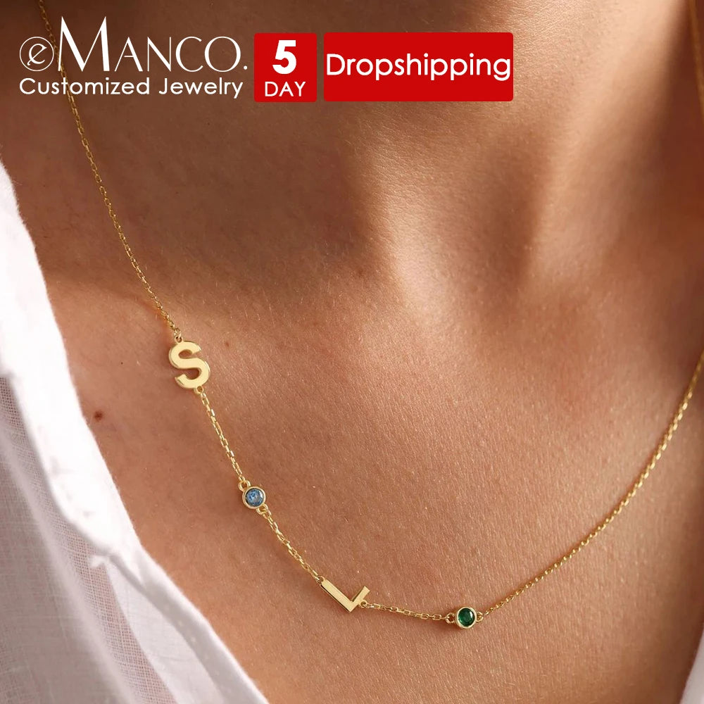 EManco Dropshipping Custom Personalized Initial Necklace Gold Stainless Steel Name Necklace With Birthstone Unique Birthday Gift