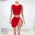 Ocstrade Fashion Design Sequined Crop Top and Skirt 2 Piece Set Sheer Transparent Patchwork Sleeveless Top and Mini Skirt Set
