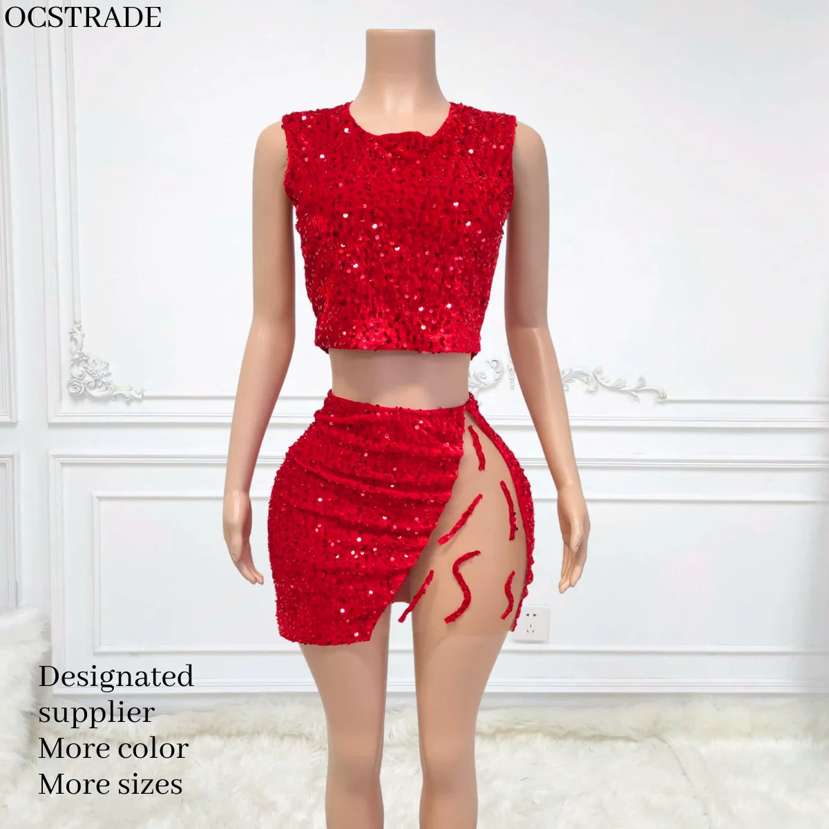 Ocstrade Fashion Design Sequined Crop Top and Skirt 2 Piece Set Sheer Transparent Patchwork Sleeveless Top and Mini Skirt Set