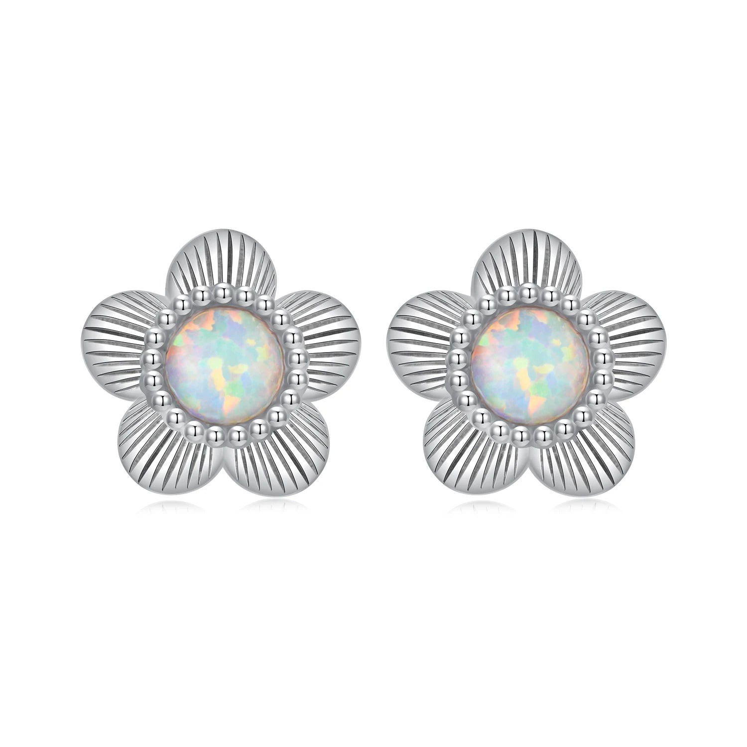 Solid 925 Sterling Silver Opal Flower Stud Earrings for Women Teens Hypoallergenic Small Cute Dainty Earrings BSE1169