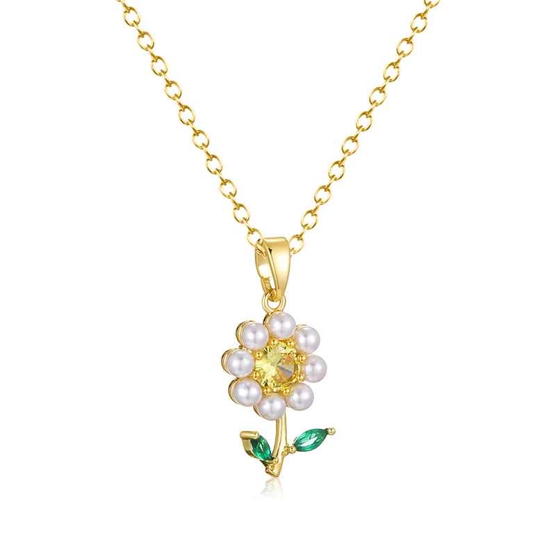 Women Fashion Jewelry 18K Gold Plated Stainless Steel White Pearl Flower Shaped Adjustable Pendant Necklace