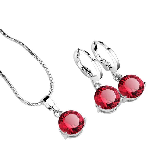 Luxury 12 Month Birthstone Crystal Pendant Necklace Earrings Jewelry Set for Women Bridal Wedding Gift