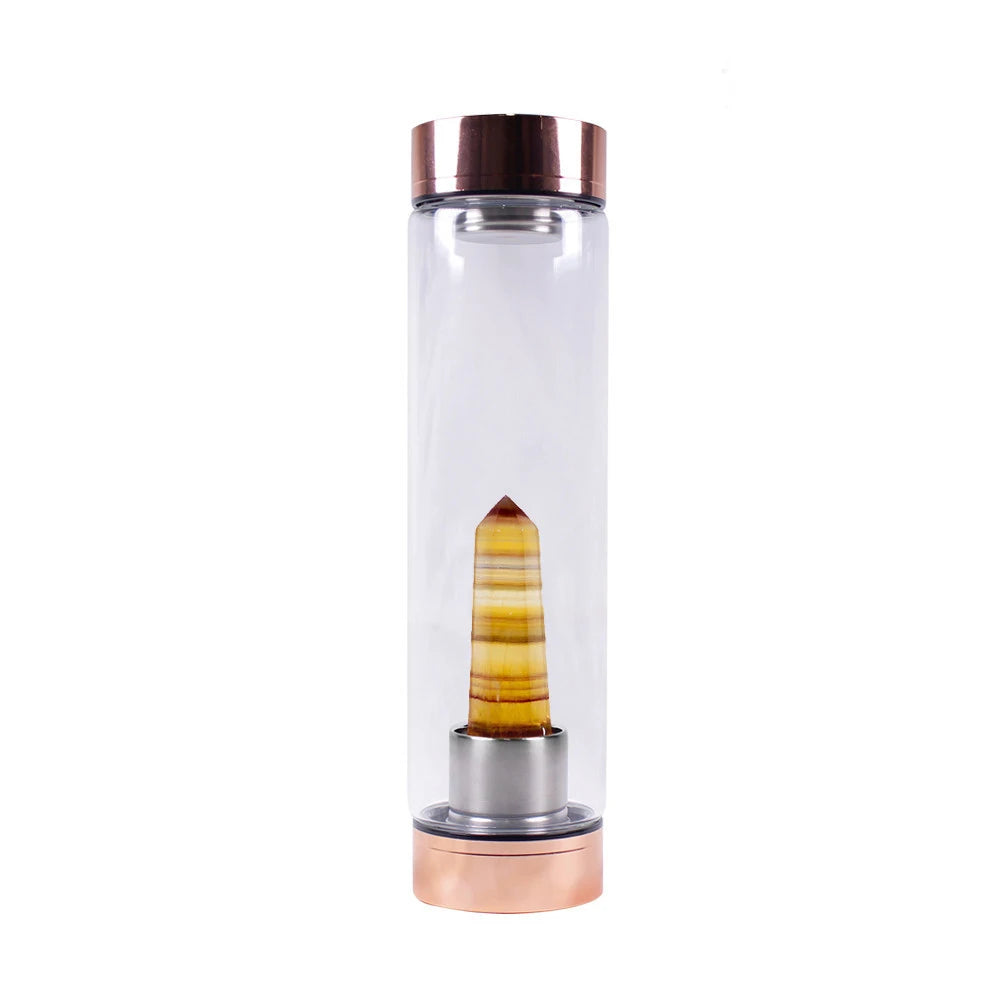 Natural Quartz Herbalife Portable Outdoor 16oz Healing Crystal Infused Glass Drinking Gem Stone Water Bottle with Lid