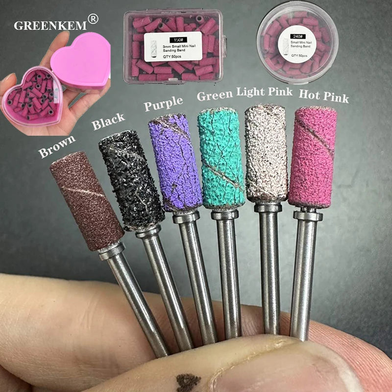 3mm Small Barrel Nail Sanding Band 50Pcs Heart Box Mini Mandrel Bit Pink Purple Brown Black Colorful Nail Sanding Bands