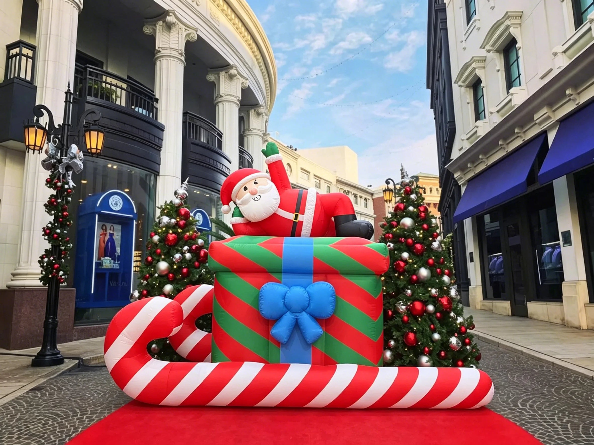 Custom Events Promotion Commercial Waterproof Inflatable Christmas Present & Candy Cane Sleigh Easy Setup Inflatable Santa Claus