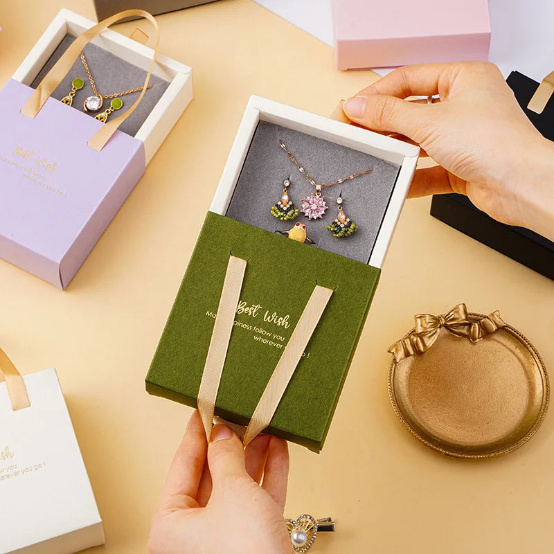 Handheld Collapsible Display Box for Jewelry Drawer-Style Paper and Cardboard Gift Box for Necklace Earring Ring Bracelet