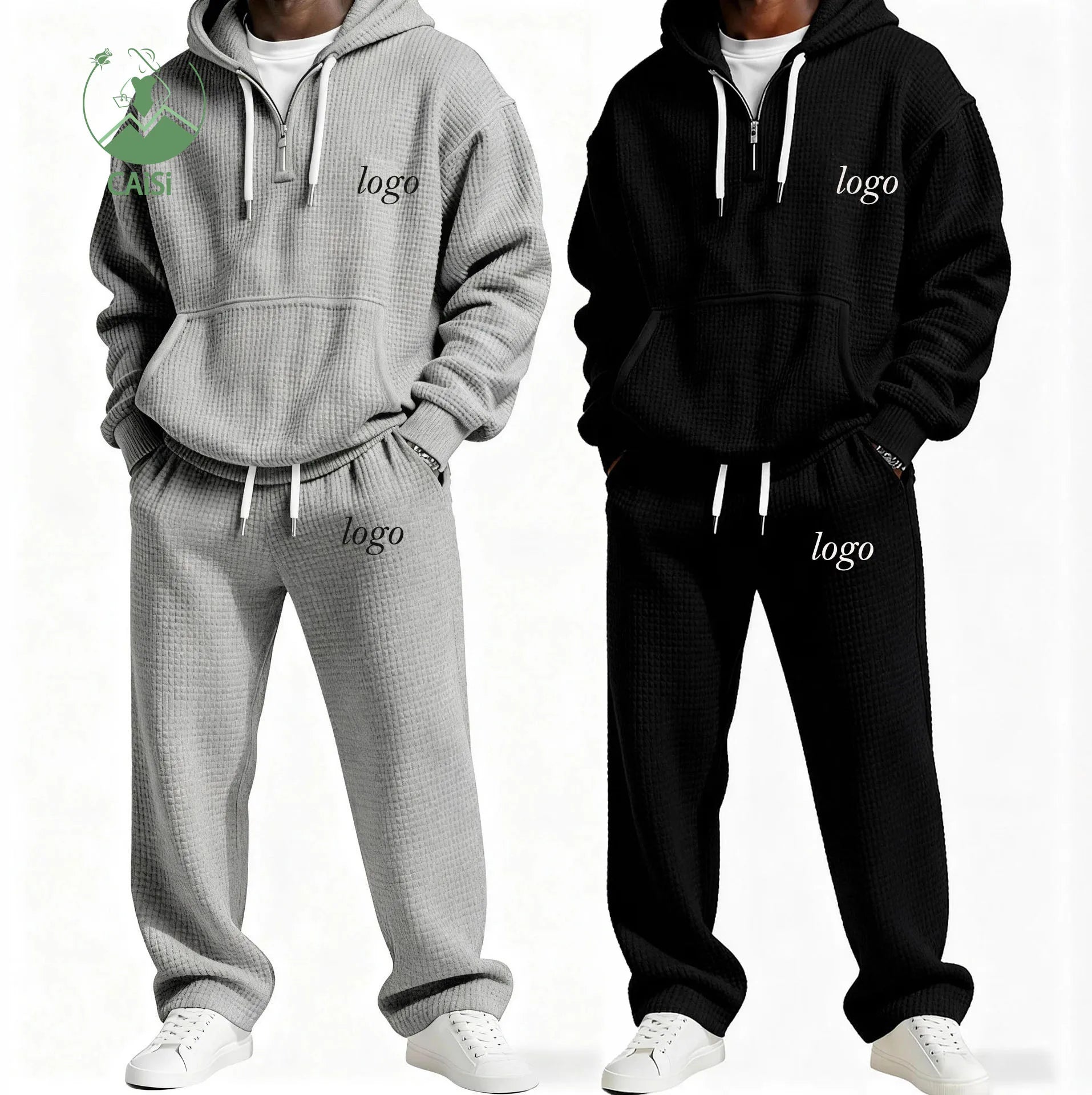 Custom Mens Clothing 2 Piece Set Waffle Long Sleeve Hoodies Long Pants Casual Two Piece Jogger Pants Set Men Tracksuit