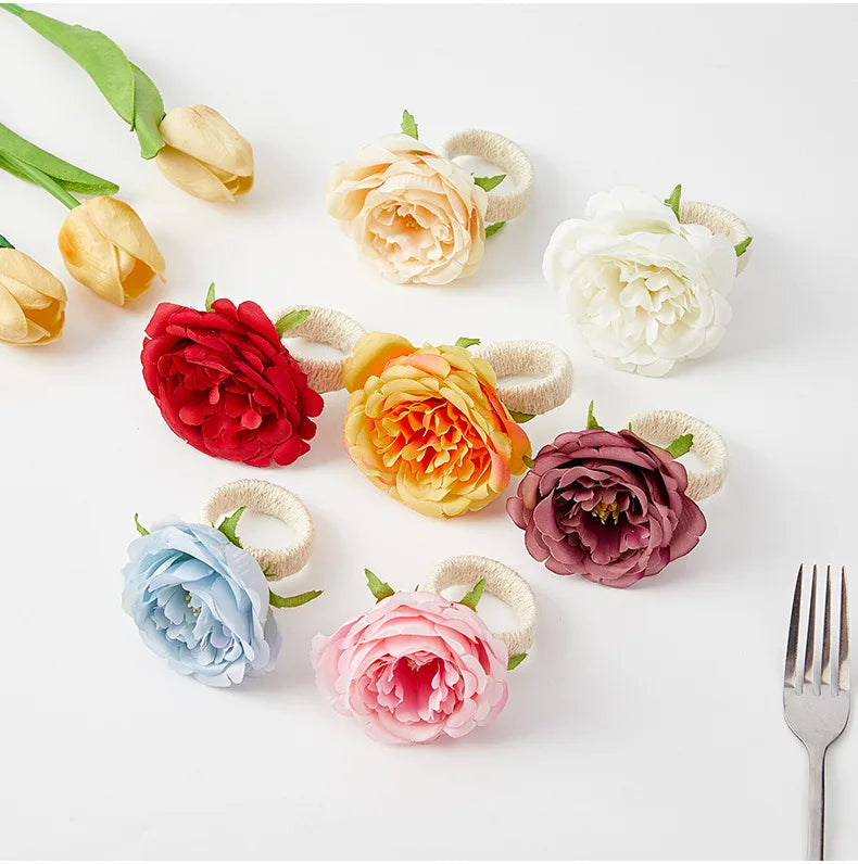 American Farmhouse Floral Napkin Rings Silk Like Artificial Roses Handmade Jute Twine Valentine's Day Dining Table Decoration