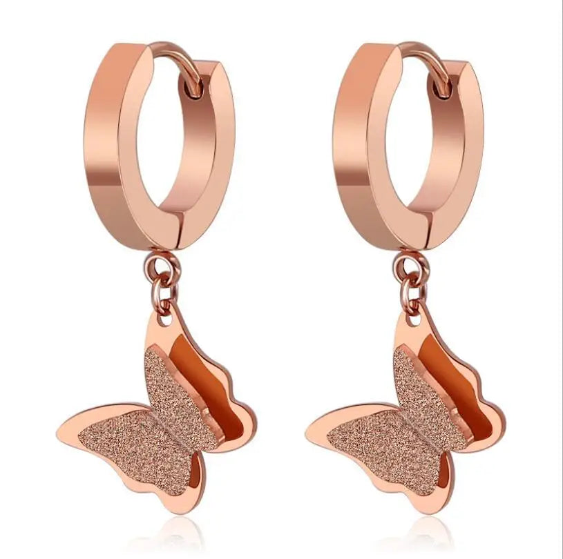 Korean Fashion Double-layer Frosted Rose Gold Stainless Steel butterfly Pendant Hoop Stud Earrings