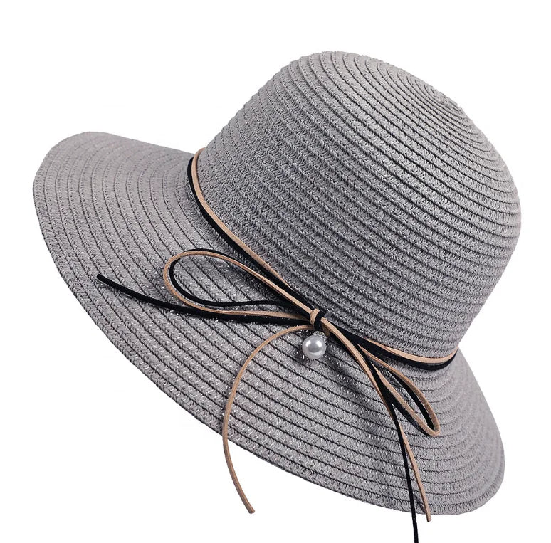 Women Panama Broad Brim Checked Beach Travel Outdoor Sun Hat Foldable Straw Bowknot