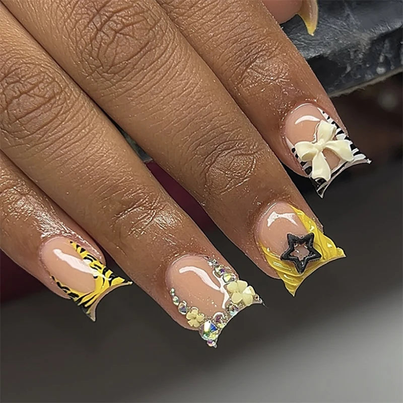 Wholesale 3656 Vibrant Yellow and Black Nail Art with 3D Flower Short Square Press on Nail Artificial Fingernails Customize