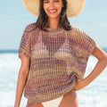 Custom Design Logo Knitted Crochet T-shirt Mesh Hollow Out Short Sleeve Sweater Knitwear Pullover  Cotton Rainbow Cover-Up Top