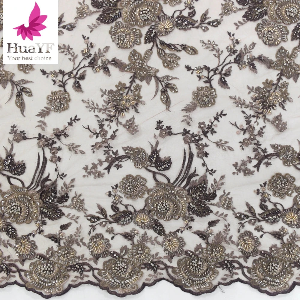 2022 NEW ARRIVAL Handwork Embroidered Beaded Tulle Fabric Beads Sequined Net Fabric Wedding Embroidery Lace Fabric HY1322-2