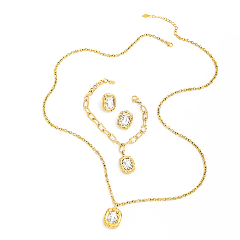 18K Gold Plated Vintage Texture Stainless Steel Jewelry Set Big Zirconia Oval Pendant Necklace Bracelet Earring Link Trendy