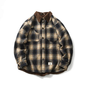 Wholesale Long Sleeve Winter Men Sherpa Lined Flannel Shirt Jacket Stand Collar Vintage